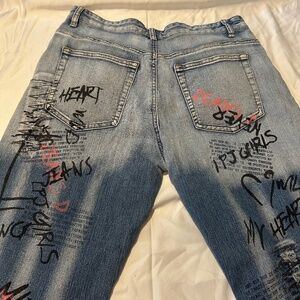 Women's Drama Flare Leg Graffiti 5 Pocket Blue Jeans Size 16